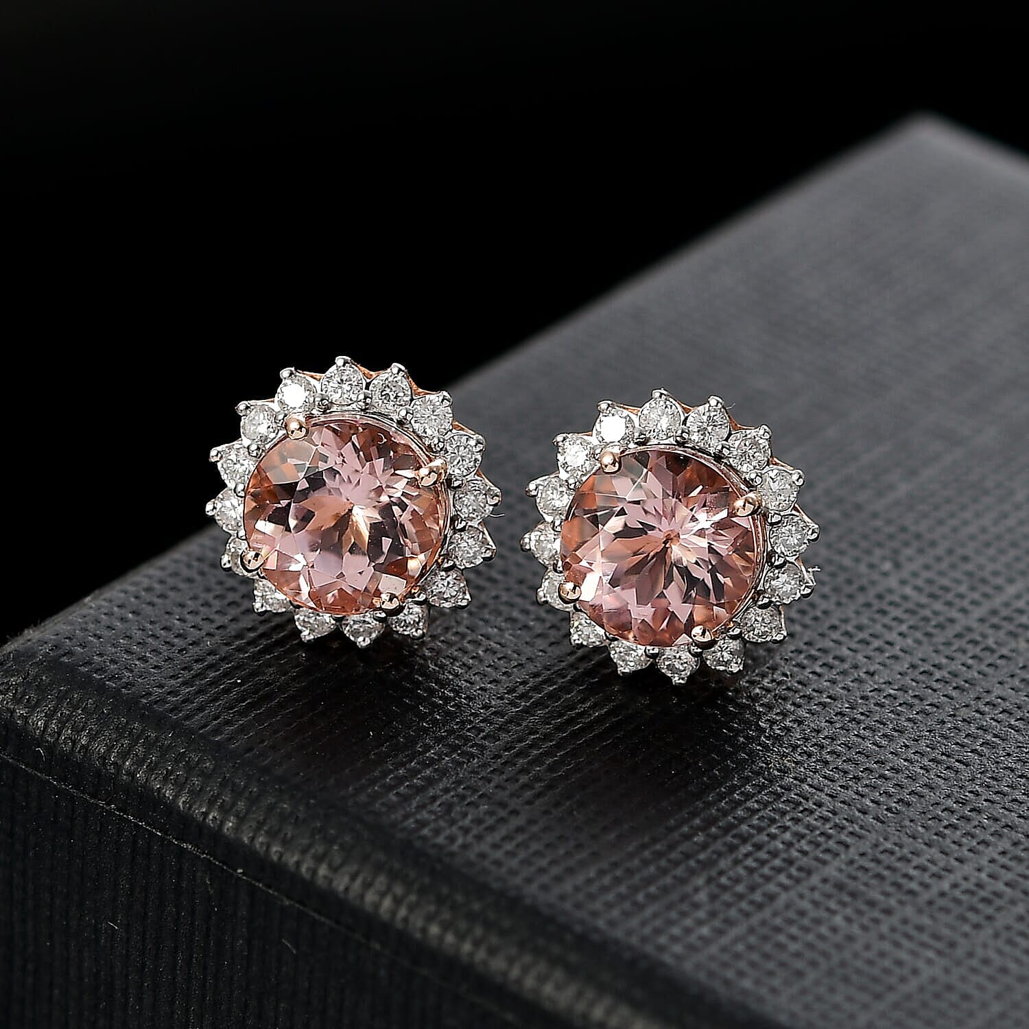 10K Rose Gold AAA Morganite, White Diamond I2 Solitaire Stud Push Post Earring, Gold Wt.1.82 Gms  3.222  Ct.
